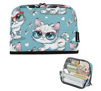 voucong Pencil Bags Large Capacity Upright Storage Bag Zip for Women Middle School Cartoon Kitten Glasses