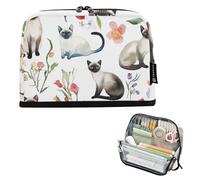 voucong Pencil Case Bag Large Capacity Upright Storage Bag With Compartment for Women Kindergarten Cartoon Siamese Cats White