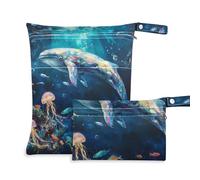 voucong Whale Cartoon Sea Animal World Zippered Bathing Suit Bags 2 Pack Wet Bag for Swimsuit with Handles for Baby Diapers