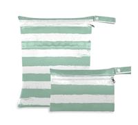 voucong White-Green Horizontal Stripes Mess-Proof Bags for Diaper 2 Pack Wet Bag for Swimsuit with Handles for Bathing
