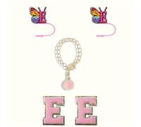 Voulkco 5pcs Set Designed for Stanley Cup Accessories, Butterfly Straw Cover Cap/Letter Charm/Letter Sticker, Letter Hanging Chain for Stanley 40oz/ 30oz Personalized Cup Accessories Decorations-E