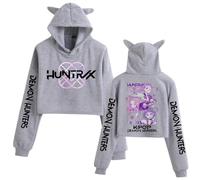 Voulkco Cat Ear Crop Hoodie KPop D-Demon H-Hunters Merch Hooded Sweatshirt Girls Fashion Long Sleeve Pullover Fashion Kawaii Hoodie-Grey||x_s