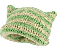 Voulliy Crochet Hat for Women, Knitted Cat Ear Beanie, Soft Slouchy Striped Knit Hat, Vintage Slouchy Beanie, Winter Warm Cap (Green Beige)