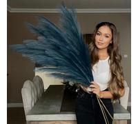 VOULUX Extra Large Tall Dark Blue Fake Faux Artificial Pampas Grass Large Fluffy x3 115cm Stems x18 Decorative Artificial Flora Feathers For Floor Vases Tall Blue Plant Flowers Long Pampas Grass