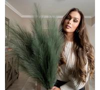 VOULUX Extra Large Tall Forest Green Fake Faux Artificial Pampas Grass Large Fluffy x3 115cm Stems x18 Decorative Artificial Flora Feathers For Floor Vases Tall Plant Flowers Long Pampas Grass