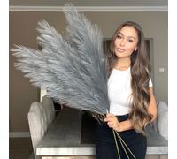 VOULUX Extra Large Tall Light Grey Fake Faux Artificial Pampas Grass Fluffy x3 115cm Stems x18 Decorative Flora Feathers For Floor Vases Grey Plant Flowers