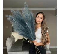 VOULUX Extra Large Tall Navy Blue Fake Faux Artificial Pampas Grass Large Fluffy x3 115cm Stems x18 Decorative Artificial Flora Feathers For Floor Vases Tall Blue Plant Flowers Long Pampas Grass