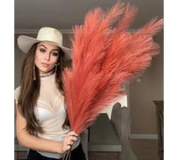 VOULUX Extra Large Tall Orange Fake Faux Artificial Pampas Grass Large Fluffy x3 115cm Stems x18 Decorative Artificial Flora Feathers For Floor Vases Tall Orange Plant Flowers Long Pampas Grass