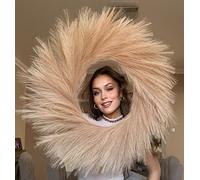 VOULUX Fluffy Artificial Large Faux Pampas Grass Boho Wreath - 27" Brown Gold Feather Wreath For Front Door