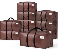 VOUNOT® 10 Pack Large Moving Bags - Foldable Storage Bags with Zips, Strong Handles, Backpack Straps and Tag Window for Clothes Storage Moving Travelling Camping, Brown