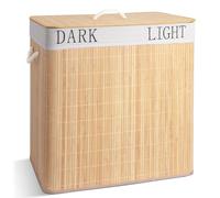 VOUNOT® 150L Bamboo Laundry Basket, Foldable Hamper with Lid, Handels and 2 Removable Liners, Ideal for Bathroom, Bedroom and Utility Room, Natural Beige