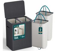 VOUNOT® 150L Laundry Basket with Lid, Rectangular 2 Compartment Laundry Hamper with Removable Bags & Handles, Foldable Laundry Bin for Bedroom, Bathroom, Utility Room, Anthracite