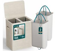 VOUNOT® 150L Laundry Basket with Lid, Rectangular 2 Compartment Laundry Hamper with Removable Bags & Handles, Foldable Laundry Bin for Bedroom, Bathroom, Utility Room, Beige