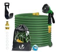 VOUNOT® 15m Expandable Garden Hose Pipe, Reinforced Flexible Expanding Water Hose with 1/2" & 3/4" Brass Fittings, 10-Pattern Spray Nozzle, Lightweight Retractable Hose for Garden Watering, Green