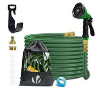 VOUNOT 15m Expandable Garden Hose with 10 Function Water Spray Gun 1/2" and 3/4" Brass Connector and Hook and Organizer Included, Green
