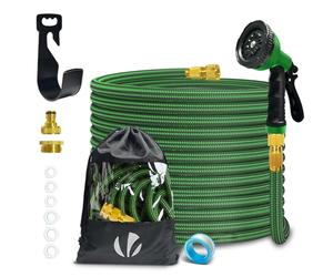 VOUNOT 15m Expandable Garden Hose with 10 Function Water Spray Gun 1/2" and 3/4" Brass Connector and Hook and Organizer Included, Green