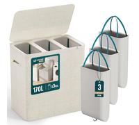 VOUNOT® 170L Laundry Basket with Lid, Rectangular 3 Compartment Laundry Hamper with Removable Bags & Handles, Foldable Laundry Bin for Bedroom, Bathroom, Utility Room, Beige