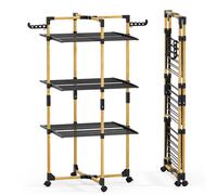 VOUNOT® 3-Tier Foldable Clothes Airer 25m Drying Rack Indoor Outdoor, Black | Tower Large Folding Clothes Drying Rack with 4 Wheels 2 Side Wings for Indoor and Outdoor Use