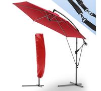 VOUNOT® 3m Cantilever Garden Parasol, Banana Patio Umbrella with Crank Handle, Wind Protection Strap and Tilt for Outdoor Sun Shade, Red
