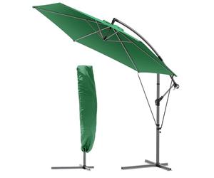 VOUNOT® 3m Cantilever Garden Parasol, Banana Patio Umbrella with Crank Handle, Wind Protection Strap and Tilt for Outdoor Sun Shade, Green