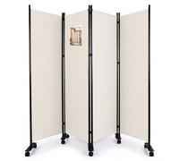 VOUNOT® 4 Panel Room Divider with Wheels, Folding Freestanding Privacy Screen, Portable Room Partition Divider for Living Room, Bedroom, Office & Home, 228 x 171 cm, Beige