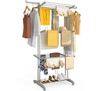 VOUNOT® 4-Tier Clothes Airer 125×62×173cm, Large Capacity Folding Drying Rack with Wheels and Side Wings, for Indoor & Outdoor Use, Grey
