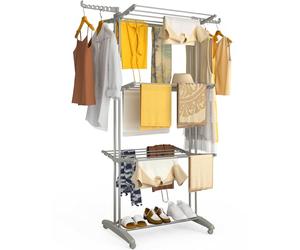 VOUNOT® 4-Tier Clothes Airer 125×62×173cm, Large Capacity Folding Drying Rack with Wheels and Side Wings, for Indoor & Outdoor Use, Grey