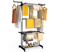 VOUNOT® 4 Tier Clothes Airer with Wheels, Large Capacity Folding Laundry Drying Rack with Side Wings, Indoor & Outdoor Use, 126 x 63 x 170 cm, Black Grey