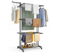 VOUNOT® 4 Tier Clothes Airer with Wheels, Large Capacity Folding Laundry Drying Rack with Side Wings, Indoor & Outdoor Use, 126 x 63 x 170 cm, Grey