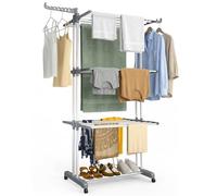 VOUNOT® 4 Tier Clothes Airer with Wheels, Large Capacity Folding Laundry Drying Rack with Side Wings, Indoor & Outdoor Use, 126 x 63 x 170 cm, Grey White