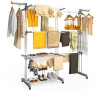 VOUNOT® 4 Tier Large Clothes Airer with Wings, Retractable Folding Drying Rack with Wheels for Indoor & Outdoor Use, 190 × 64 × 170 cm, Grey White