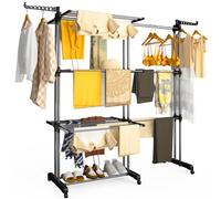 VOUNOT® 4 Tier Large Clothes Airer with Wings, Retractable Folding Drying Rack with Wheels for Indoor & Outdoor Use, 190 × 64 × 170 cm, Black Grey