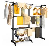 VOUNOT® 4 Tier Large Clothes Airer with Wings, Retractable Folding Drying Rack with Wheels for Indoor & Outdoor Use, 190 × 64 × 170 cm, Black Grey