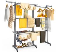 VOUNOT® 4 Tier Large Clothes Airer with Wings, Retractable Folding Drying Rack with Wheels for Indoor & Outdoor Use, 190 × 64 × 170 cm, Grey
