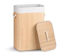 VOUNOT® 72L Bamboo Laundry Basket, Foldable Hamper with Lid, Handels and 2 Removable Liners, Ideal for Bathroom, Bedroom and Utility Room, Natural Beige