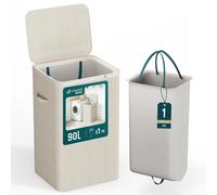 VOUNOT 90L Laundry Basket with Lid, Foldable Hamper with Removable Bag, Beige