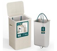 VOUNOT® 90L Laundry Basket with Lid, Rectangular Laundry Hamper with Removable Bag & Handles, Foldable Laundry Bin for Bedroom, Bathroom, Utility Room, Beige
