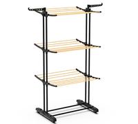 VOUNOT® Airer Clothes Drying Rack, 3-Tier Foldable Clothes Hanger Adjustable Large Stainless Steel Garment Laundry Racks for Indoor Outdoor, Wood Look