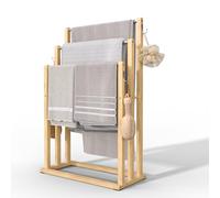 VOUNOT Bamboo 3 Tier Towel Rail Ladder with 3 Bars and Hooks for Hanging Towels, Multiple Triple 45 x 21 x 82 cm Drying Rack and Towel Rack for Bathroom Toilet Laundry Room