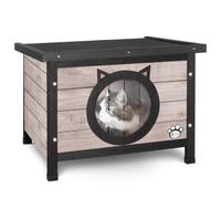 VOUNOT® Cat House Garden Wooden Kitten Home with Cat Ear Design Door, Water-resistant Openable Roof Outdoor Pet Shelter 57x45x43cm, Grey