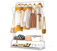 VOUNOT® Clothes Rack with Double Shoe Shelves and 4 Side Hooks, Sturdy Metal Wardrobe for Bedroom, Dressing Room, and Hallway - 110x35x146cm, White