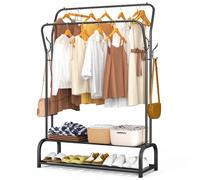 VOUNOT® Clothes Rail with Double Shoe Shelves and 4 Side Hooks, Metal Open Wardrobe, Heavy Duty Clothing Rack for Bedroom, Dressing Room, and Hallway, 110x35x146cm, Black