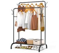 VOUNOT® Double Hanging Clothes Rack with Shoe Shelves and 4 Side Hooks, Sturdy Metal Wardrobe for Bedroom, Dressing Room, and Hallway - 110x58x150cm, Black