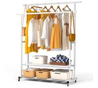VOUNOT® Double Hanging Clothes Rack with Wheels, Metal Open Wardrobe with 2 Storage Shelves, Heavy Duty Clothing Rack for Bedroom, Dressing Room, and Hallway, 120x40x146cm, White