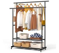 VOUNOT® Double Hanging Clothes Rack with Wheels, Metal Open Wardrobe with 2 Storage Shelves, Heavy Duty Clothing Rack for Bedroom, Dressing Room, and Hallway, 120x40x146cm, Black