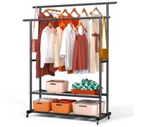 VOUNOT® Double Hanging Clothes Rack with Wheels, Metal Wardrobe with 2 Storage Shelves for Bedroom, Dressing Room, and Hallway - 120x40x146cm, Black