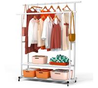 VOUNOT® Double Hanging Clothes Rack with Wheels, Metal Wardrobe with 2 Storage Shelves for Bedroom, Dressing Room, and Hallway - 120x40x146cm, White