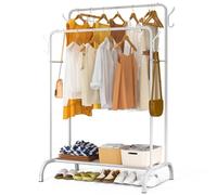 VOUNOT® Double Hanging Clothes Rail with Shoe Shelves and 4 Side Hooks, Metal Open Wardrobe, Heavy Duty Clothing Rack for Bedroom, Dressing Room, and Hallway, 110x58x150cm, White