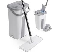 VOUNOT® Flat Mop and Bucket Set, 2-in-1 Hands-Free Squeeze Mop and Bucket with 6 Reusable Microfiber Pads, Floor Cleaning Flat Mop for Home Kitchen Bathroom, White