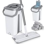 VOUNOT Flat Mop and Bucket set, 2-in-1 Hands Free Squeeze Mop User-Friendly Design, Includes 6 Reusable Microfiber Mop Pads, White